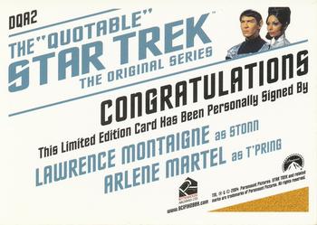 2004 Rittenhouse The Quotable Star Trek Original Series - Double Autographs #DQA2 Lawrence Montaigne / Arlene Martel Back