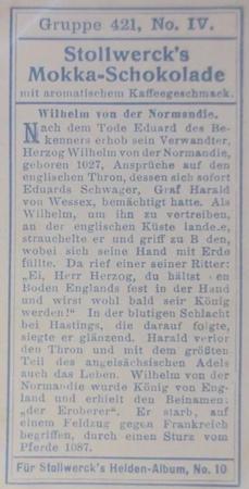 1908 Stollwerck Album 10 Gruppe 421 Fremde Helden (Foreign Heroes)  #IV Wilhelm von der Normandie Back