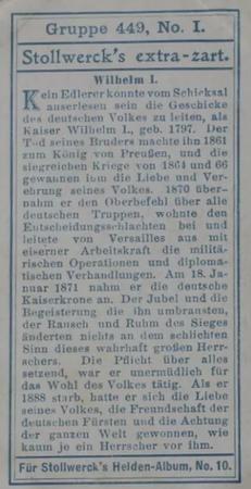 1908 Stollwerck Album 10 Gruppe 449 Helden von 1870/71 (Heroes from 1870/71)  #I Wilhelm I Back