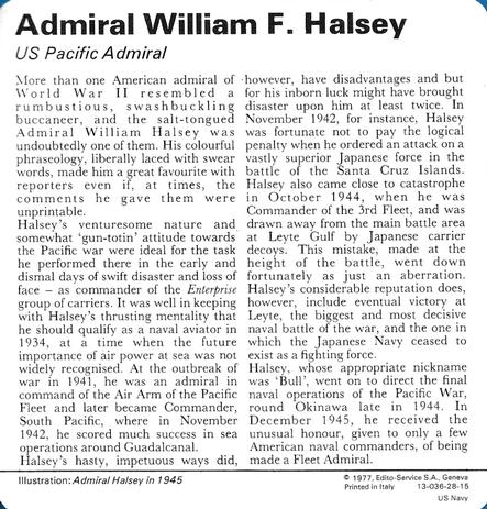 1977 Edito-Service World War II - Deck 28 #13-036-28-15 Admiral William F. Halsey Back