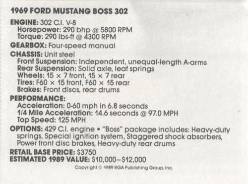 1989 Muscle Cars #16 1969 Ford Mustang BOSS 302 Back