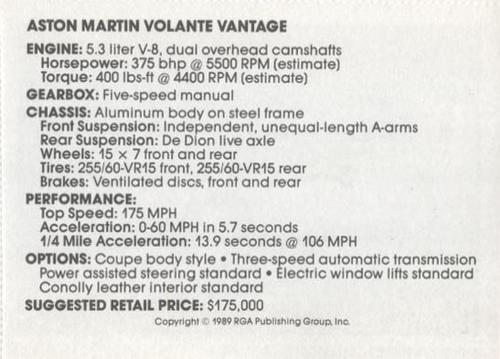 1989 Checkerboard Press Sports Car #10 Aston Martin Volante Vantage Back