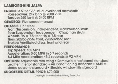1989 Checkerboard Press Sports Car #22 Lamborghini Jalpa Back