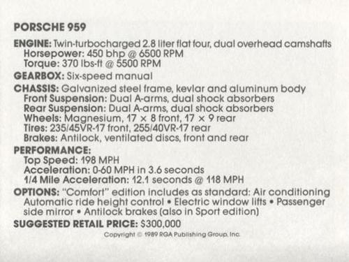 1989 Checkerboard Press Sports Car #32 Porsche 959 Back