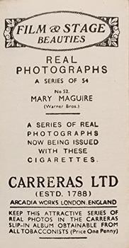 1939 Carreras Film and Stage Beauties (54) #52 Mary Maguire Back