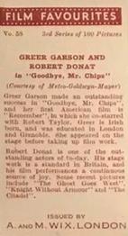 1939 Wix Film Favourites (3rd Series) #58 Greer Garson / Robert Donat Back