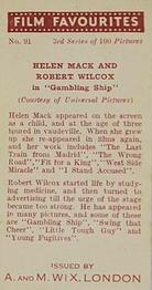 1939 Wix Film Favourites (3rd Series) #91 Helen Mack / Robert Wilcox Back