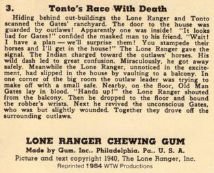 1984 WTW 1940 Gum Inc. Lone Ranger (R83) (Reprint) #3 Tonto's Race with Death Back