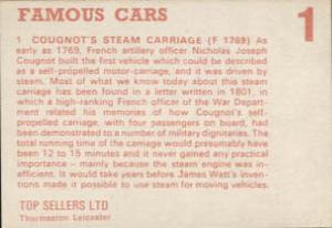 1972 Top Sellers Famous Cars #001 Cougnot's Steam Carriage Back