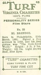 1933 Turf Personality Series Film Stars #25 El Brendel Back
