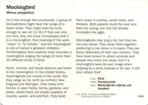 1991-95 Grolier Wildlife Adventure Cards #13.8 Mockingbird Back