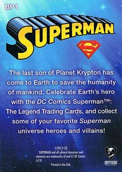 2013 Cryptozoic DC Comics Superman The Legend - Promos #BP1 (album exclusive) Back
