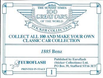 1989 The Sunday Times 100 Great Cars of the World #1 1885 Benz Back