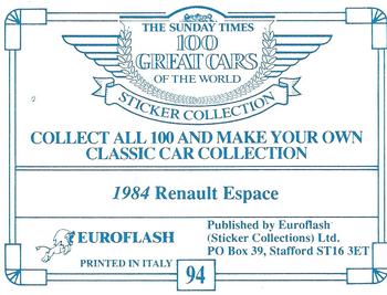 1989 The Sunday Times 100 Great Cars of the World #94 1984 Renault Espace Back