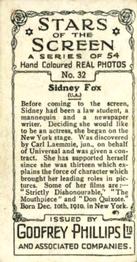 1934 Godfrey Phillips Stars of the Screen #32 Sidney Fox Back