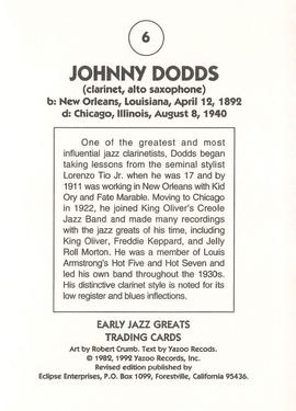 1992 Eclipse Yazoo Records Early Jazz Greats #6 Johnny Dodds Back