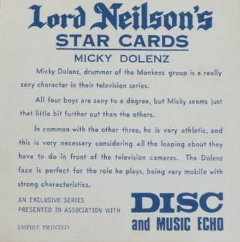 1968 Lord Neilson's Star Cards #NNO Micky Dolenz Back