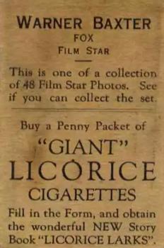 1932 Australian Licorice Film Stars Grey 2nd Series #NNO Warner Baxter Back