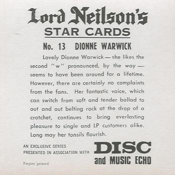 1969 Lord Neilson's Star Cards #13 Dionne Warwick Back