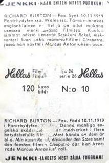 1964 Hellas Filmitahti-sarja 26 #10 Richard Burton Back