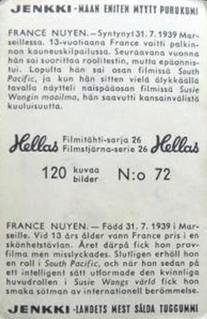 1964 Hellas Filmitahti-sarja 26 #72 France Nuyen Back
