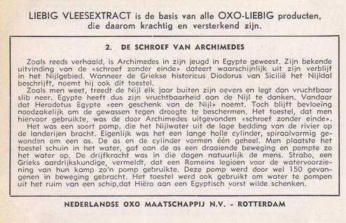 1953 Liebig/Oxo Archimedes (Archimedes) (Dutch Text) (F1557, S1560) #2 De schroef van Archimedes Back