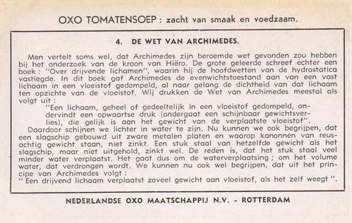 1953 Liebig/Oxo Archimedes (Archimedes) (Dutch Text) (F1557, S1560) #4 De Wet van Archimedes Back