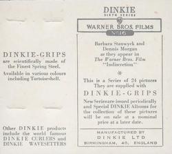 1949 Dinkie Warner Bros. Films Series 6 #16 Barbara Stanwyck / Dennis Morgan Back