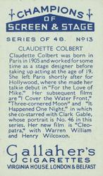 1934 Gallaher Champions of Screen and Stage #13 Claudette Colbert Back