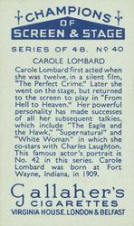 1934 Gallaher Champions of Screen and Stage #40 Carole Lombard Back