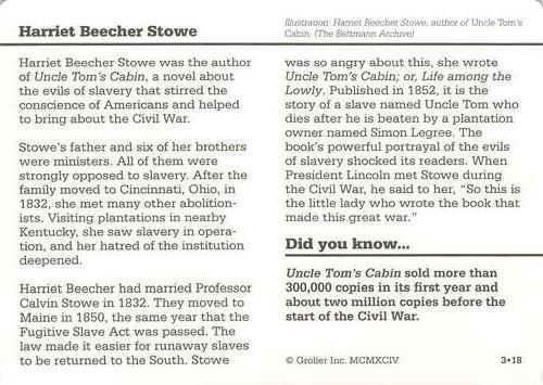 1994-01 Grolier Story of America #3.18 Harriet Beecher Stowe Back