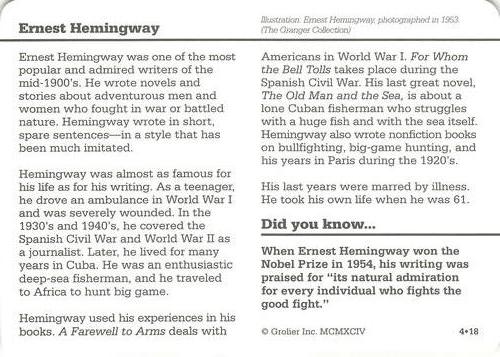 1994-01 Grolier Story of America Cards #4.18 Ernest Hemingway Back