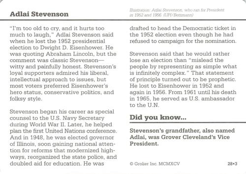 1994-01 Grolier Story of America Cards #28.3 Adlai Stevenson Back