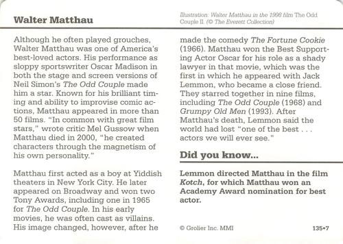 1994-01 Grolier Story of America Cards #135.7 Walter Matthau Back