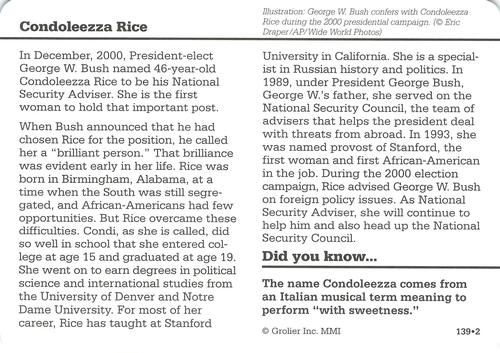 1994-01 Grolier Story of America #139.2 Condoleezza Rice Back