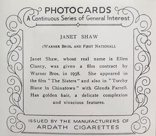 1939 Ardath Photocards - Group M (Large) #NNO Janet Shaw Back