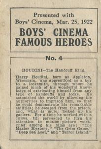 1922 Boys' Cinema Famous Heroes #4 Harry Houdini Back