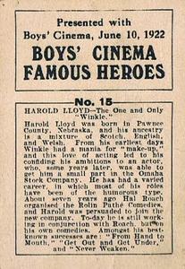 1922 Boys' Cinema Famous Heroes #15 Harold Lloyd Back