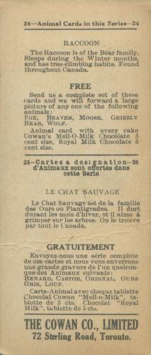 1920 Cowan’s Chocolates Animals (V2) #22 Racoon Back