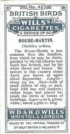 1915 Wills's British Birds #42 House-Martin Back