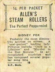1933 Allen's Movie Stars #18 Sidney Fox Back