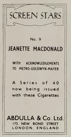1939 Abdulla & Co. Screen Stars #9 Jeanette MacDonald Back