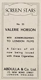 1939 Abdulla & Co. Screen Stars #35 Valerie Hobson Back
