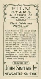 1937 John Sinclair Film Stars #50 Clark Gable / Myrna Loy Back
