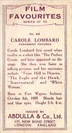 1934 Abdulla Film Favorites #46 Carole Lombard Back