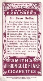 1997 Card Collectors Society 1911 F. & J. Smith's Famous Explorers (reprint) #24 Sir Sven Hedin Back