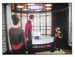 1992 Panini Star Trek: The Next Generation Stickers (Red backs) #90 Troi, Riker and Yar examining face-box on transporter pad Front