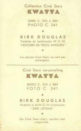 1953 Kwatta Film Stars Series C (325-384) #C341 Kirk Douglas Back