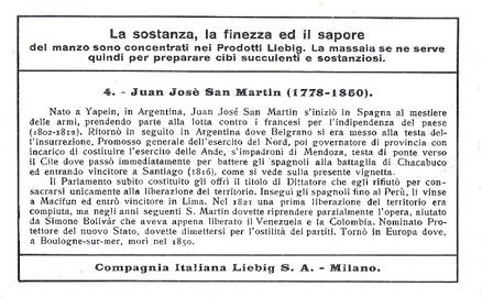 1938 Liebig Grandi personaggi storici dell'America Latina - Famous historical people of Latin America (Italian Text) (F1370, S1380) #4 José de San Martin Back