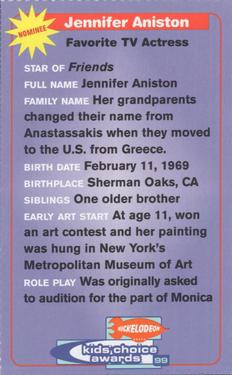 1999 Nickelodeon Kids' Choice Awards #NNO Jennifer Aniston Back